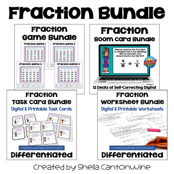 Preview of Fraction Bundle with Worksheets, Task Cards, Boom Cards and Games