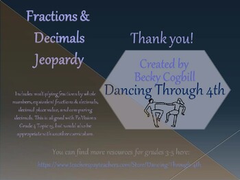 Preview of Fractions & Decimals Jeopardy Review (EnVisions Grade 4, Topic 13)