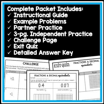 fraction decimal equivalents with modeling 8 page lesson