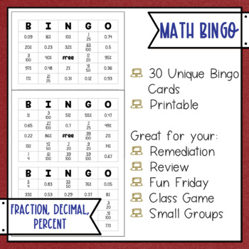 Fractions Decimals Percents BINGO Math Game by Misty Miller | TpT