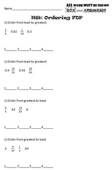 Preview of Fraction Decimal Percent Compare Order Homework