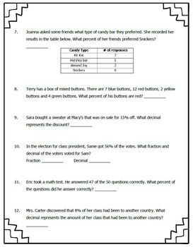 fractions decimals percents word problems worksheet and