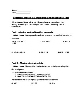 Preview of Using Percents - Fraction, Decimals, Percents and Discounts Assessment (Test)