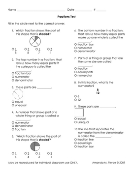 Fraction Multiple Choice Test by Amanda Pierce's Elementary Resources