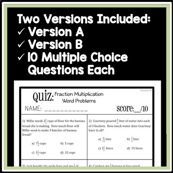 Fraction Multiplication Word Problems Quiz, 5.NF.6 Assessment, 2 Versions!