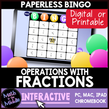Preview of Fraction Operations Interactive Digital Bingo Review Game - Paperless Resource