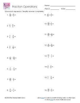 Fraction Operations Practice Worksheet w/ Answers by The Nerdy Math Guru