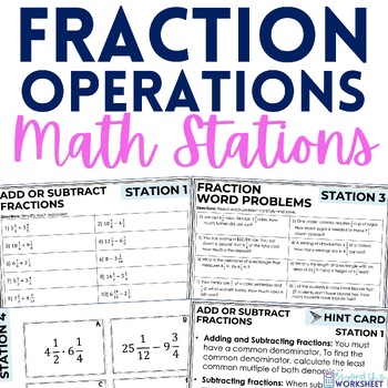 Preview of Operations with Fractions and Mixed Numbers Math Stations | Math Centers