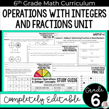 Preview of Fraction Operations and Integer Concepts Unit 6th Grade Math Curriculum