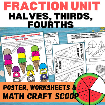 Preview of Fraction Poster, Worksheets for Whole, Halves, Thirds, and Fourths & Math Craft