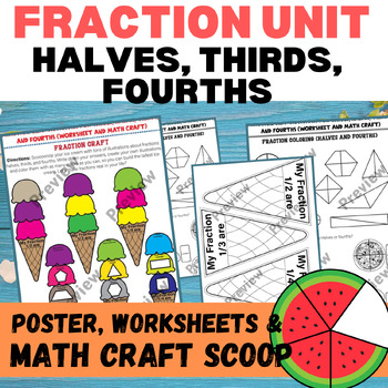 Preview of Fraction Poster, Worksheets for Whole, Halves, Thirds, and Fourths