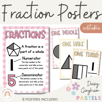 Preview of Fraction Posters | Daisy Gingham Pastels Math Classroom Decor