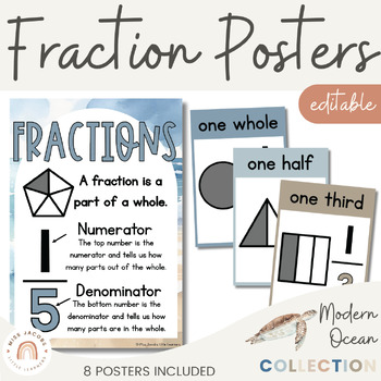 Preview of Fraction Posters | Modern Ocean Coastal Vibes Neutral Math Classroom Decor