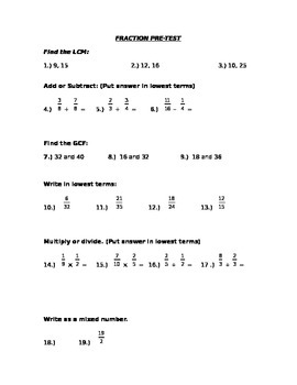 Preview of Fraction Pre Test