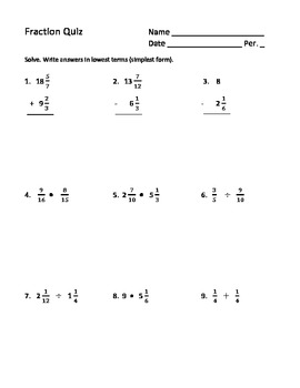 Preview of Fraction Quiz with All Operations