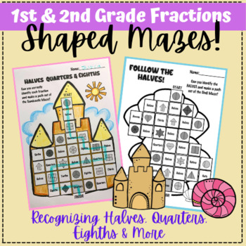 Preview of Fraction Recognition Mazes - Halves, Quarters Eighths & More - Summer Shapes