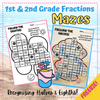 Preview of Fraction Recognition Mazes - Halves and Eighths - Summer Shapes - FREEBIE!