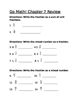 Preview of Common Core Fraction Review  (Chapter 7 Go Math series) 4th grade