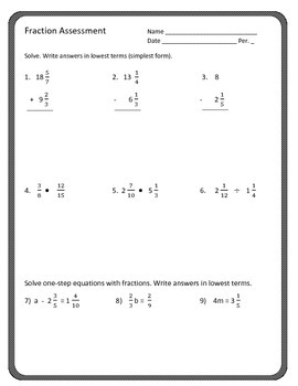 Preview of Fraction Review: Mixed Operations, equations, word problems