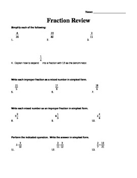 Preview of Fraction Review Practice Worksheet