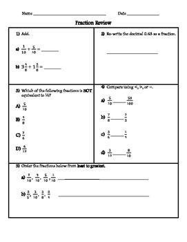 4th Grade Fraction Review Worksheets by live2teach123 | TpT