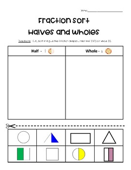 Preview of Fraction Sort - Wholes and Halves - Cut and Paste Sorting Worksheet