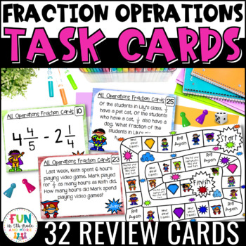 Preview of Fractions All Operation Task Cards & Game Math Review