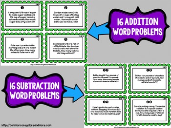 3 grade math sheet Cards Fraction Subtracting Task Adding & Problems)  (Word