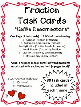 Preview of Fraction Task Cards (unlike denominators/all four operations)