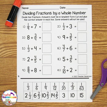 fraction unit dividing fractions by a whole number worksheets tpt