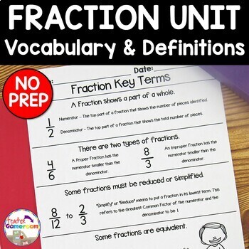 Preview of Fraction Unit - Fraction Vocabulary and Definitions