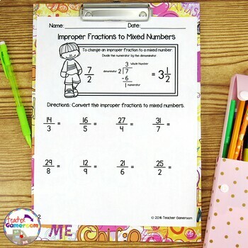 fraction unit improper fractions to mixed numbers worksheet tpt