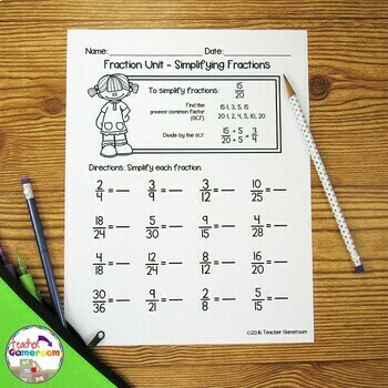 Fraction Unit - Simplifying Fractions Worksheet by Teacher Gameroom