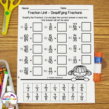 Fraction Unit - Simplifying Fractions Worksheet by Teacher Gameroom