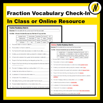 Preview of Fraction Vocabulary Check-In Quiz - Online or Printable Resource