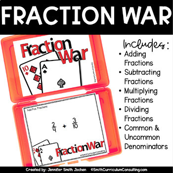 Preview of Fraction War All Operations with Fractions Math Station Card Game Activity
