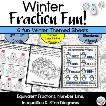 Preview of Fraction Winter Fun Worksheets | 3rd-4th Grade Fraction Skills | 6 sheets