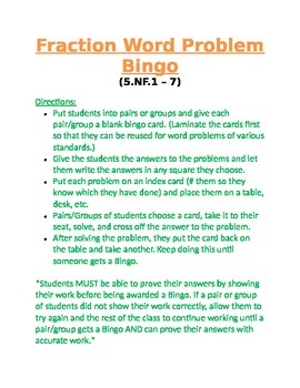 Preview of Fraction Word Problem Bingo