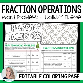 Preview of Fraction Operations Word Problems Christmas Math Activity | Coloring Page