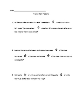 Fraction Word Problems Unlike Denominators By Kelsey Mlnarik Tpt