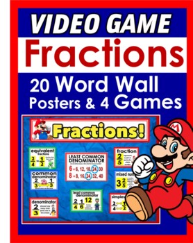 Preview of Fraction Word Wall - plus 4 bonus fraction games! Video Game theme  Gr 3-6