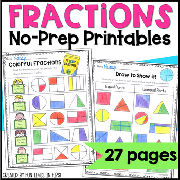 Preview of Fraction Worksheets - Equal and Unequal Parts, Halves, Thirds, and Fourths