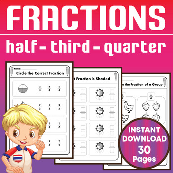 Preview of Fraction Worksheets For Kindergarten and First Grade ( Half, Third and Quarter )