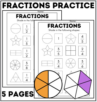 Preview of Fraction Worksheets | Fractions | Shade The Shapes | 5 Pages / 50 Shapes