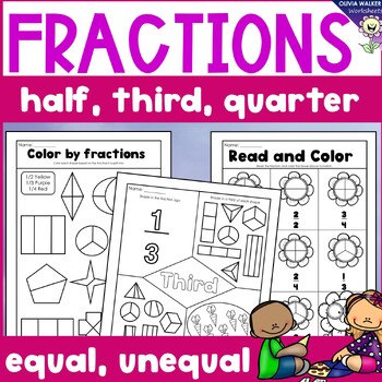 Preview of Fractions Worksheets - Half, Third, Quarter (Kindergarten / Pre K / Grade One