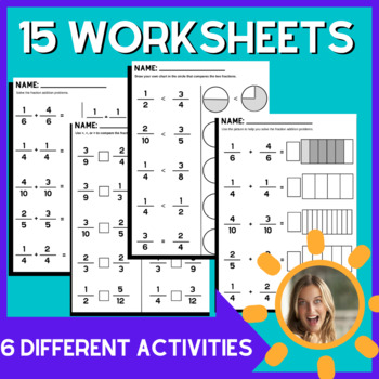 Fraction Worksheets, Like Denominator Inequality and Addition with Graphics