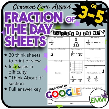 Preview of Fraction of the Day Worksheets Print or Digital and Google ready