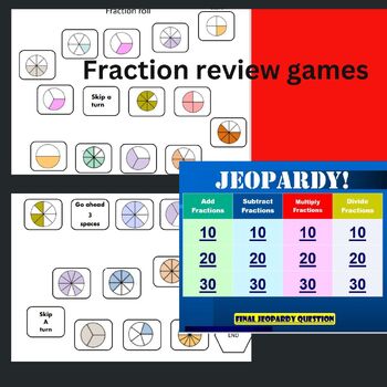 Preview of Fraction review games (visuals), on a number line, Jeopardy
