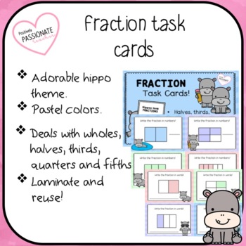 Preview of Fraction task cards Hippos