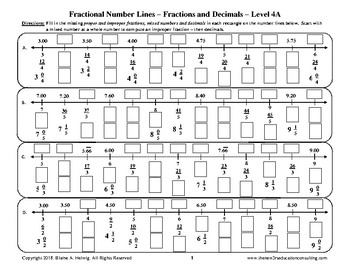 Preview of Fractional Number Lines - Fractions, Mixed Numbers & Decimals - Level 4 - FREE